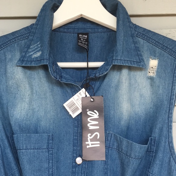 NWT CLASSIC CHAMBRAY DISTRESSED DENIM SLEEVELESS DRESS W/MOTHER OF PEARL BUTTONS - Picture 2 of 8